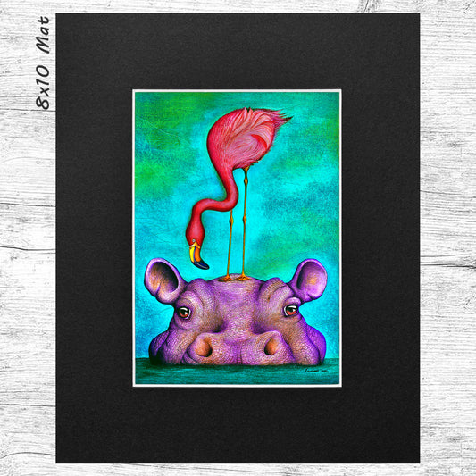 The Hippo & Flamingo (Matted) Art Print 5x7